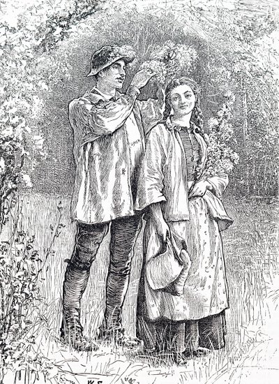 Majdrottningens kröning med en krans av hagtorn av sin älskling. Av William Small (1843-1929), en engelsk illustratör av William Small