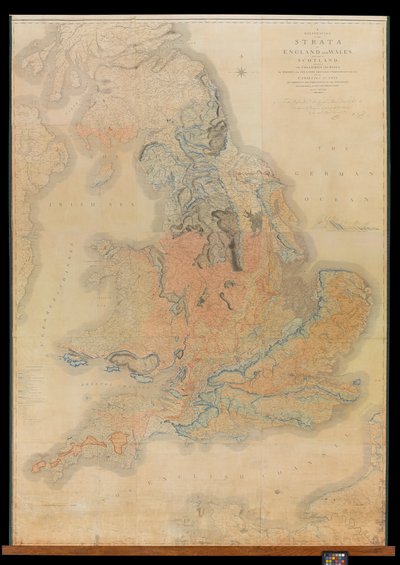 En avgränsning av stratatyperna i England och Wales med en del av Skottland som visar kolgruvorna och gruvorna, träskmarkerna och fennmarkerna som ursprungligen översvämmades av havet och de olika jordarterna enligt variationerna i substraten, illustrerade av William Smith