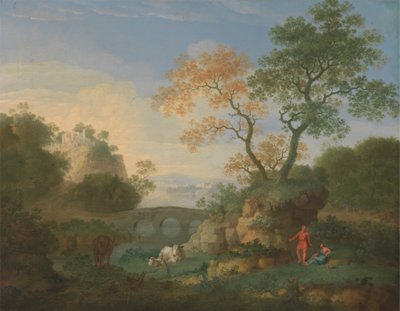 Ett landskap med avlägsna klassiska ruiner, en bro, figurer och boskap av William Smith