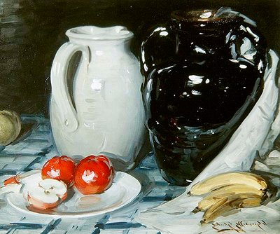 Stilleben med äpplen och bananer och en stor kanna och vas (olja ombord) av William Somerville Shanks