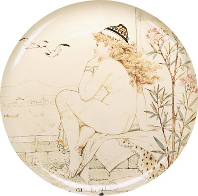 En Minton Art Pottery Studio-laddare, målad med en naken som stirrar ut mot havet, 1800-talet av William Stephen Coleman