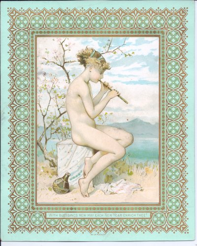 Viktorianskt nyårskort av en badande skönhet på en strand som spelar en flöjt, c.1881 av William Stephen Coleman