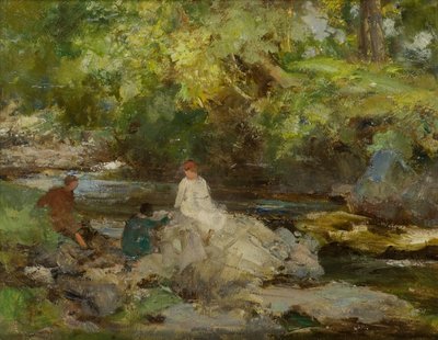 Tre figurer vid en flod (olja på duk) av William Stewart MacGeorge