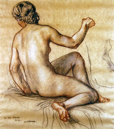 Studie av en kvinnlig naken sittande bakifrån, ca 1890 (kol, röd och vit krita på papper) av William Strang