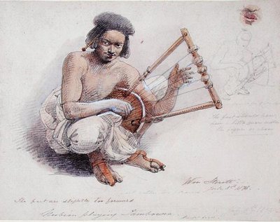 Nubian Playing Tambourine, 8 juli 1878 (penna och tvätt på papper) av William Strutt