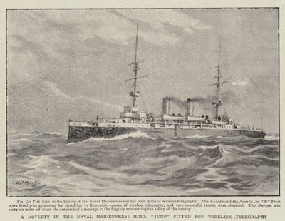 En nyhet i sjömanövrarna, H M S Juno utrustad för trådlös telegrafi av William T. Maud