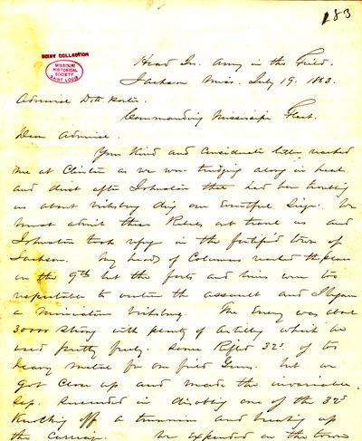Letter from W. T. Sherman, headquarters, Army in the Field, Jackson, Mississippi, to [David D.] Porter, July 19, 1863 av William T. Sherman