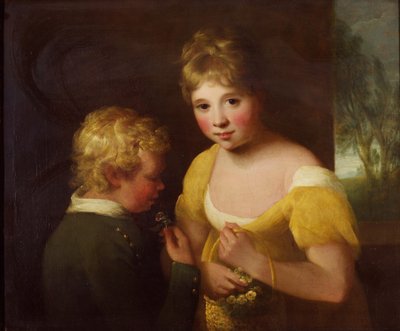 Två barn med en korg med blommor (olja på duk) av William Tate