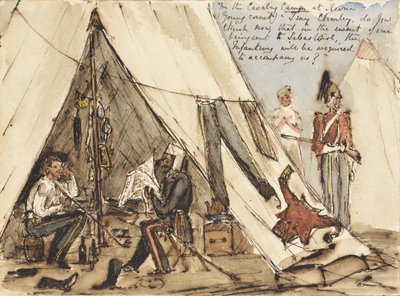 I kavallerilägret i Devna (ung kornett) ?Jag säger Charley, tror du nu att i händelse av att vi skickas till Sebastopol, kommer infanteriet att behöva följa med oss?, ca 1854 (penna & bläck och wc) av William Thomas Markham