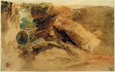 Klippor under en klippa, med en bäck som faller ner i en smal kanal av Joseph Mallord William Turner