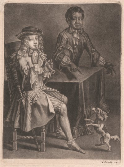 Två unga män, en spelar blockflöjt, den andre pekar på en dansande hund av William Vincent