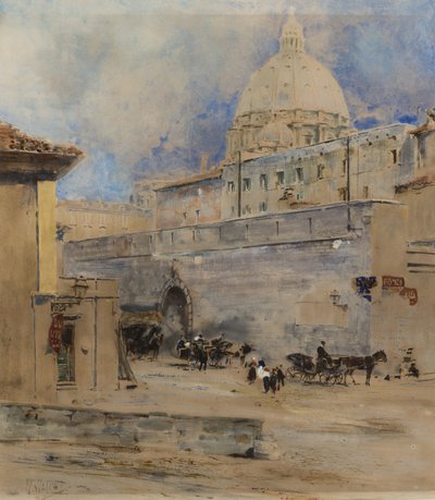 Vatikanen: det heliga kontoret och Peterskyrkan, Rom (penna, pensel, wc, bläck och gouache på papper) av William Walcot