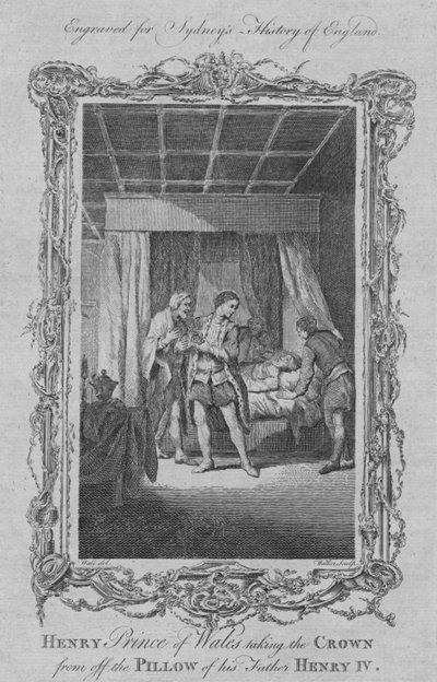 Henry Prince of Wales tar kronan från kudden på denna far Henrik IV, 1773. av William Walker
