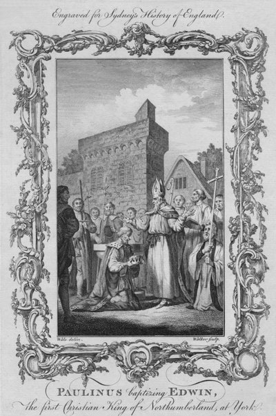 Paulinus döper Edwin, den första kristna kungen av Northumberland, i York, 1773. av William Walker