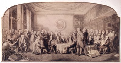Vetenskapens framstående män 1807-1808. Möte i biblioteket vid Royal Institute of Sciences, England. Gravyr av William Walker och Sir John Gilbert (1817 - 1897) - Eminent Men of Science Living in 1807 - Eminent Men of Science av William Walker