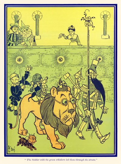 Soldaten med de gröna morrhåren ledde dem genom gatorna. från Den underbara trollkarlen från Oz av L. Frank Baum av William Wallace Denslow