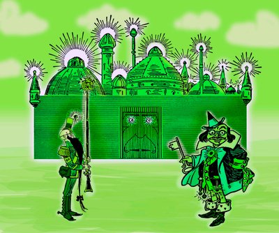 The Wonderful Wizard of Oz - The Wizard of Oz: Redigering av tre bilder av Denslow, William Wallace (1856-1915) för den första upplagan 1900 av Frank Baums bok (1856-1919) - The Emerald City and its two Guardians - färg grön , grön - The Emerald City - av William Wallace Denslow