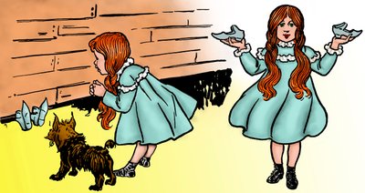 The Wonderful Wizard of Oz - The Wizard of Oz: Redigering av två bilder av Denslow, William Wallace (1856-1915) gjorda för den första upplagan 1900 av Frank Baums bok (1856-1919) - Dorothee (Dorothy), tillsammans med sin hund Toto , återhämtar sig den magi av William Wallace Denslow