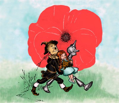 The Wonderful Wizard of Oz - The Wizard of Oz: teckning av Denslow, William Wallace (1856-1915) för en av de första utgåvorna av Frank Baums bok (1856-1919) - Dorothee (Dorothy) och hans hund Toto är långt ifrån dödliga vallmofält vid fågelskrämman och t av William Wallace Denslow