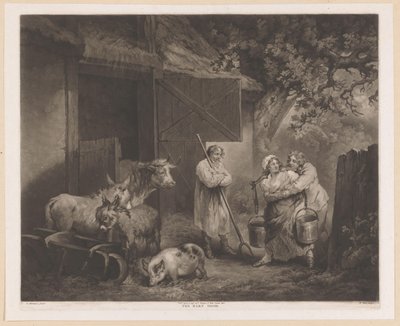 Milkmaid och två drängar i ett stall Ladugårdsdörren (titel på objekt) av William Ward