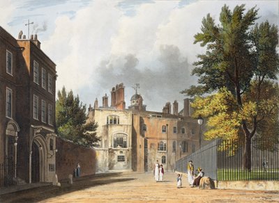 Charter House från torget, från "History of Charter House School", del av "History of the Colleges", graverad av Joseph Constantine Stadler (fl.1780-1812), utgiven av R. Ackermann, 1816 (akvatint). av William Westall