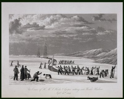 Besättningarna på H.M.S. Hecla und Griper skär in i Winter Harbour, 26 september 1819, från "Journal of a Voyage for the Discovery of a North West Passage from the Atlantic to the Pacific" framförd i t. av William Westall