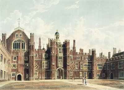 Utsikt över fyrkanten vid Hampton Court Palace från Pynes "Royal Residences" graverad av Thomas Sutherland (f.c.1785), publicerad 1819 av William Westall