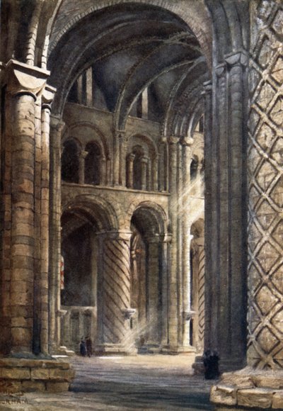 Durham, katedralens inre tittar över långhuset in i södra tvärskeppet (färg litho) av William Wiehe Collins
