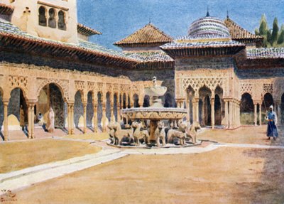 Granada, Alhambra, Lions Court (färg litho) av William Wiehe Collins