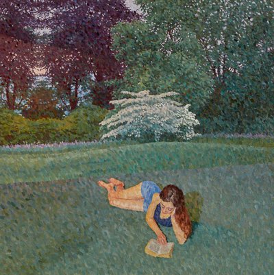 Girl Reading with a Landscape, 2019 (olja på duk) av William Wilkins