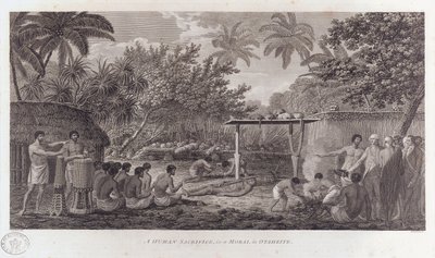 Människooffer på Tahiti i södra Stilla havet, c1773 av William Woollett