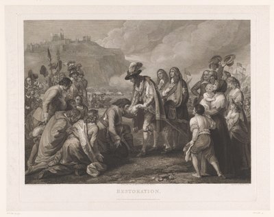 Charles II av England anländer till stranden i Dover den 25 maj 1660 Restaurering (titel på objekt) av William Woollett