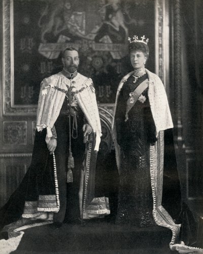 Kung George V och drottning Mary vid deras första öppnande av parlamentet, 6 februari 1911, 1951. av William and Daniel Downey