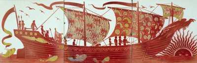 Tre brickor som visar ett skepp som seglar vid solnedgången (keramik) av William de Morgan