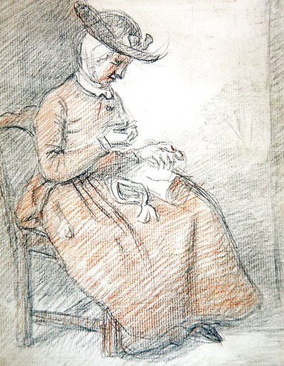 Kvinna sittande sömnad (röd & svart krita på papper) av William of Bath Hoare