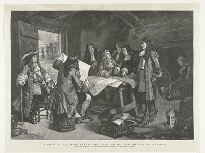 Vilhelm III håller krigsråd i en fiskarkoja, 1688 Ett krigsråd efter landstigningen av prinsen av Orange (titel på objekt) av Williamson