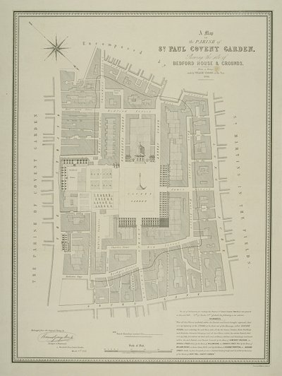 Karta över socknen St Paul, Covent Garden, med Bedford House och dess tomter, utgiven av W.P. Metchim, 1686. av Willian Leybourn