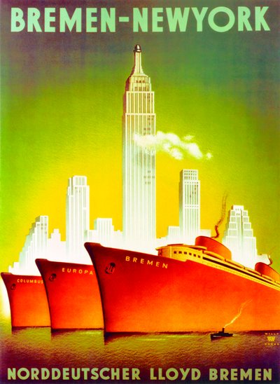 "Bremen - New York", reklamaffisch för North German Lloyd Line av Willy Hanke