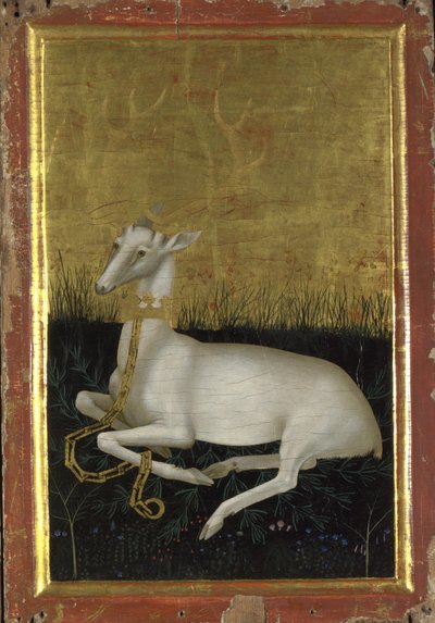 En vit hjärta kedjad med en krona runt halsen Ytterpanelen på Wilton-diptyken, mellan 1395 och 1399 av Wilton Master