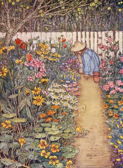 Barnens bok om trädgårdsskötsel: En örtbevuxen rabatt (färglitografi) av Winifred Cayley Robinson