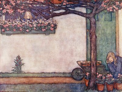 Barnens bok om trädgårdsskötsel: En fönsterträdgård (färglitografi) av Winifred Cayley Robinson