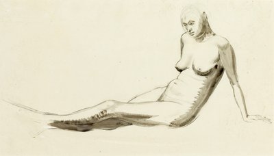 Sittande naken, ca 1919 (penna & tvätt över penna) av Winifred Knights
