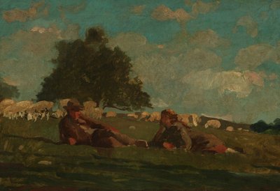Pojke och flicka på ett fält med får av Winslow Homer