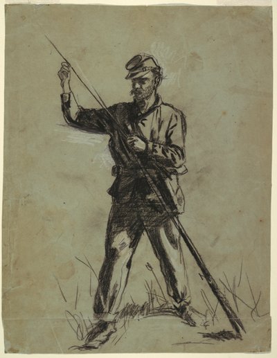 Teckning, kavallerisoldat laddar ett gevär, 1863-64 av Winslow Homer