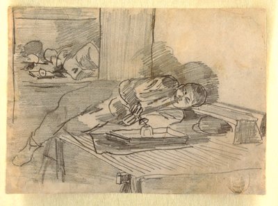 Teckning, kinesisk man som röker opiumpipa, Baxter Street Club House, New York City, ca 1874 av Winslow Homer