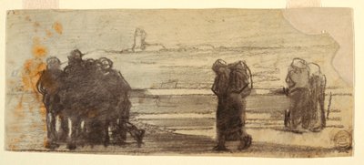 Teckning, Figurer med utsikt över en vik och en liten båt, Cullercoats, England, 1881-82 av Winslow Homer