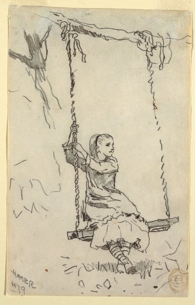 Teckning, flicka på en gunga, 1879 av Winslow Homer