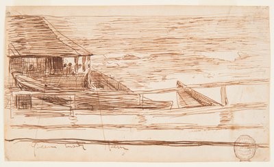 Teckning, Hus vid en räcke med strandade doryer, Cullercoats, England, 1881 av Winslow Homer