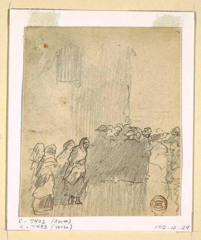 Teckning, Män och kvinnor tittar ut över havet, Cullercoats, England, 1881 av Winslow Homer