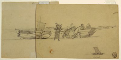 Teckning, Män och kvinnor lossar en fiskedocka, Cullercoats, England, 1881-82 av Winslow Homer